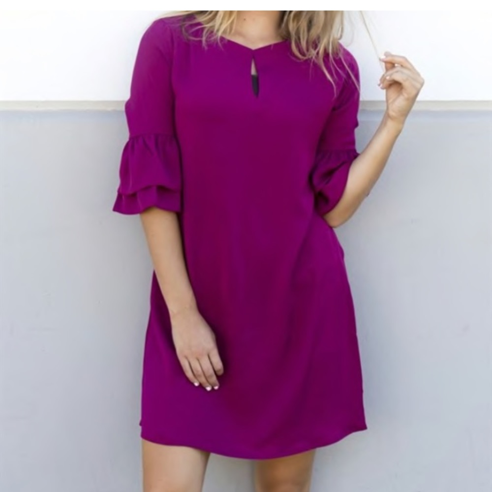 Magenta Shift Dress with Bell Sleeves